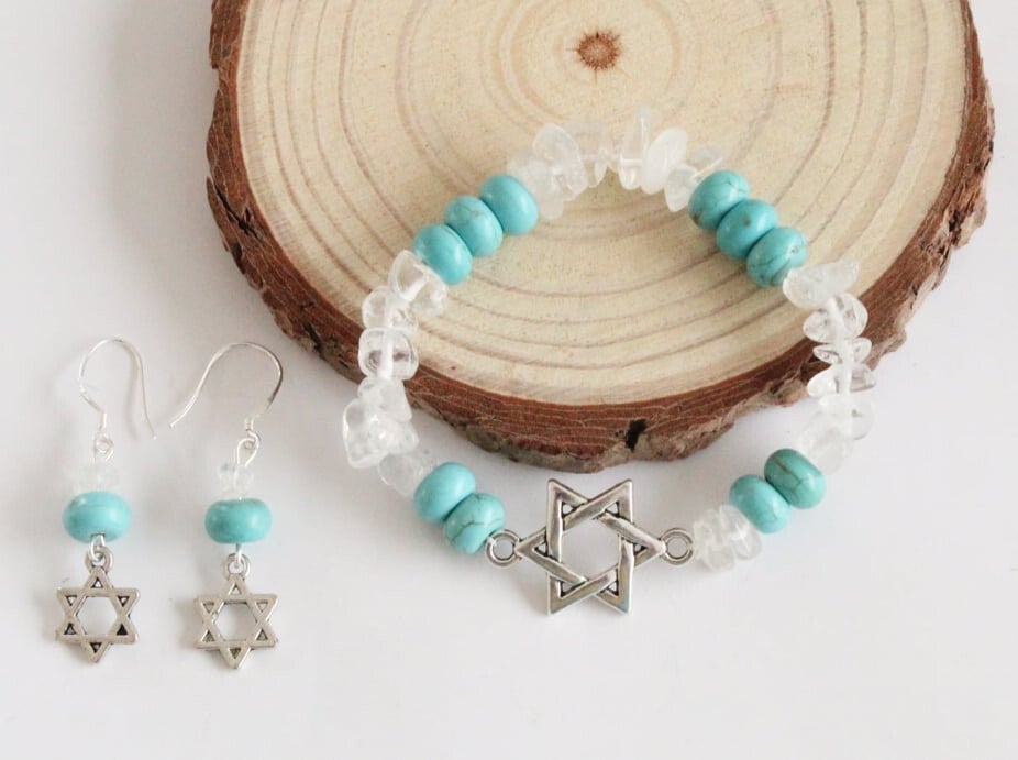 Conjunto estrella de david con turquesa y cuarzo cristal (pendientes en plata)
