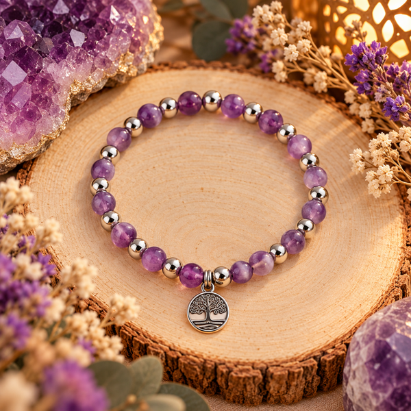 Pulsera de Amatista con Árbol de la Vida en Acero