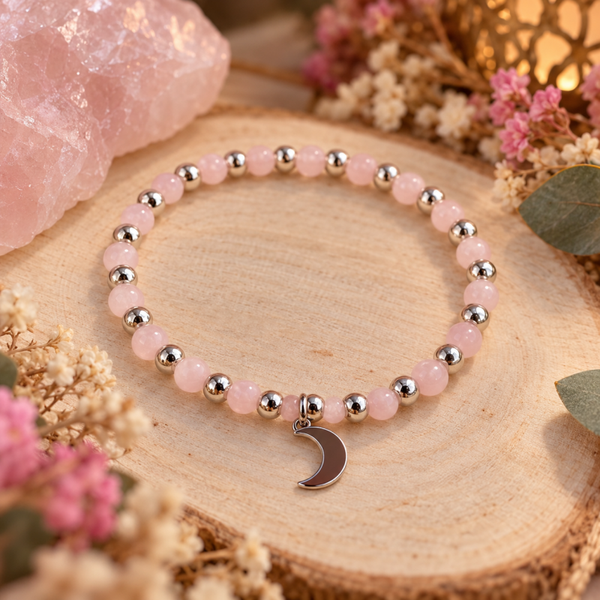 Pulsera de cuarzo rosa con luna en acero.