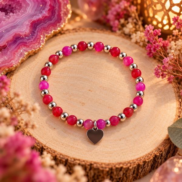 Pulsera de Ágata Rosa con Corazón de Acero