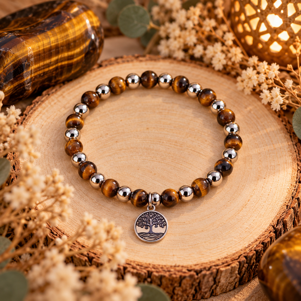 Pulsera de Ojo de Tigre con Árbol de la Vida en Acero