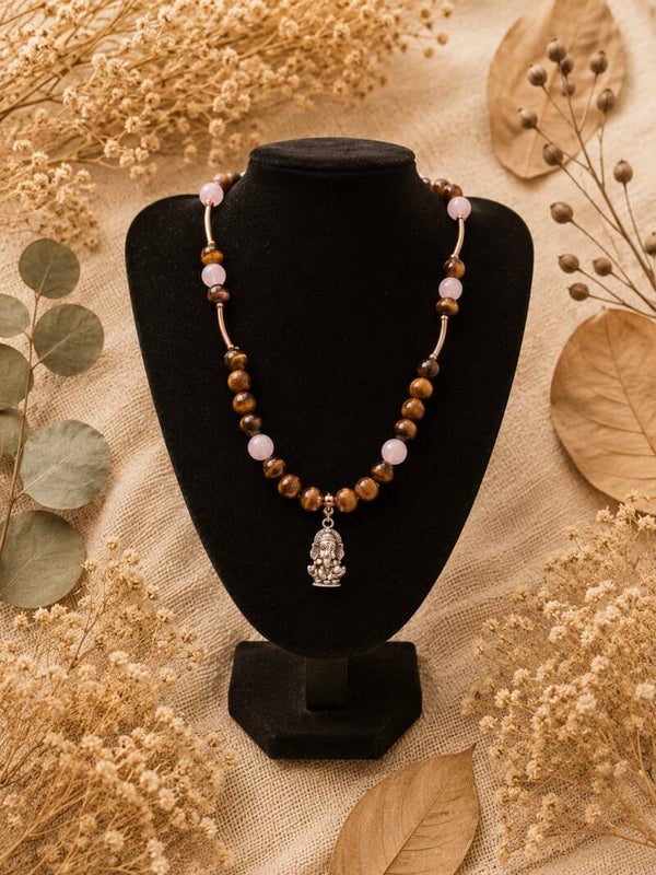 collar dios ganesha de ojo de tigre y cuarzo rosa