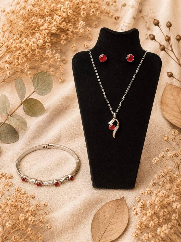 Conjunto Elegance Bañado en Plata con Cristal Checo Rojo