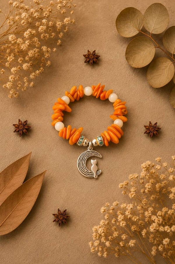 pulsera gato sobre la luna de nácar tintado