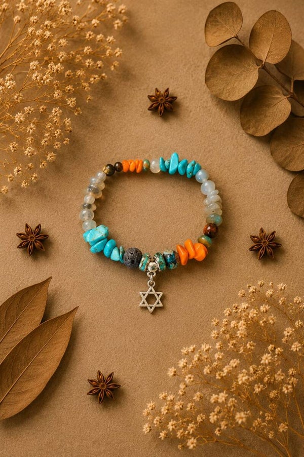 pulsera estrella de david piedra volcánica, turquesa, ojo de tigre etc