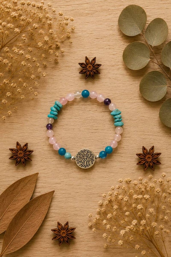 pulsera arbol de la abundancia con cuarzo rosa, agata, amatista y cuarzo cristal