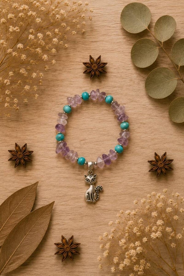 Pulsera turquesa y fluorita con gato