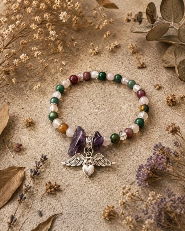 pulsera alas del universo con amatista. agata de india, c. cristal y rosa
