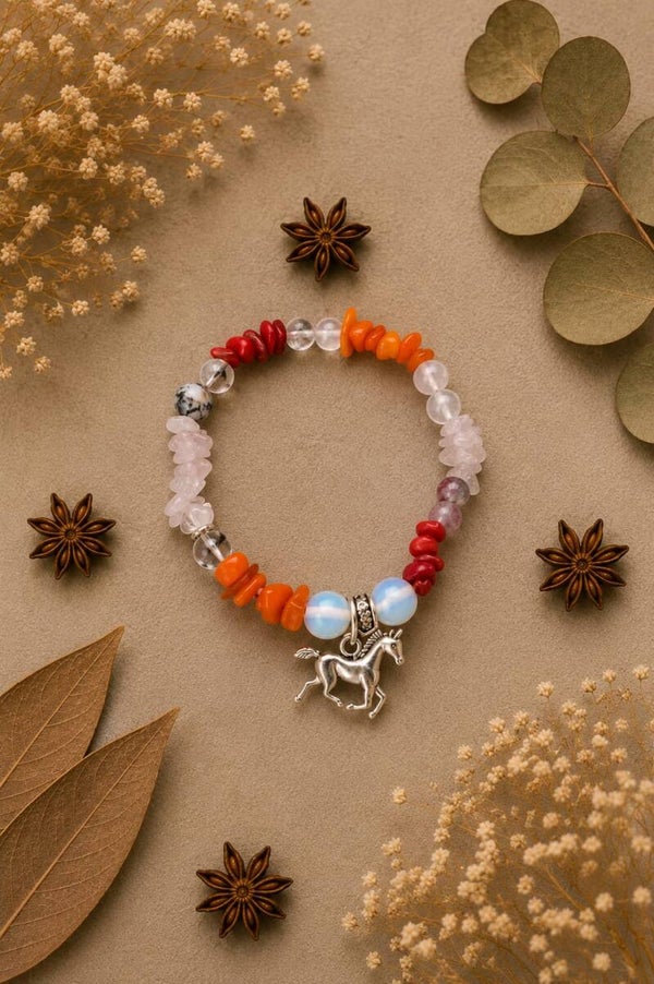 pulsera caballo con cuarzo rosa, agata dragon, nacar