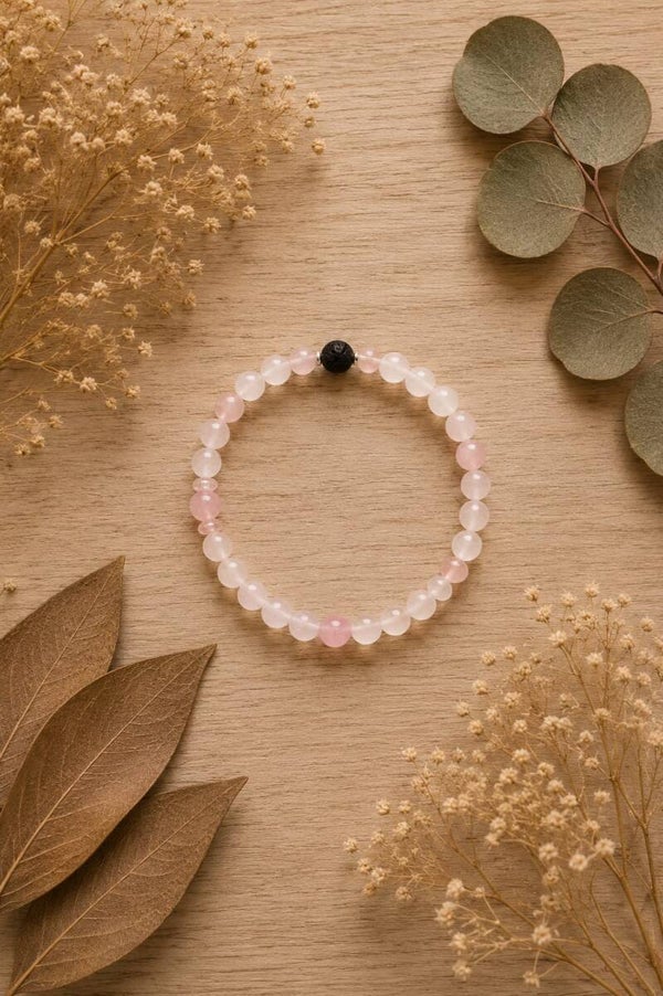 Pulsera volcánica, cuarzo rosa y cuarzo blanco