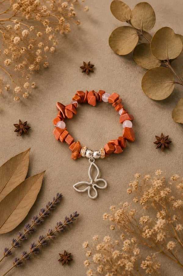pulsera transformación con gemas goldstone y cuarzo rosa