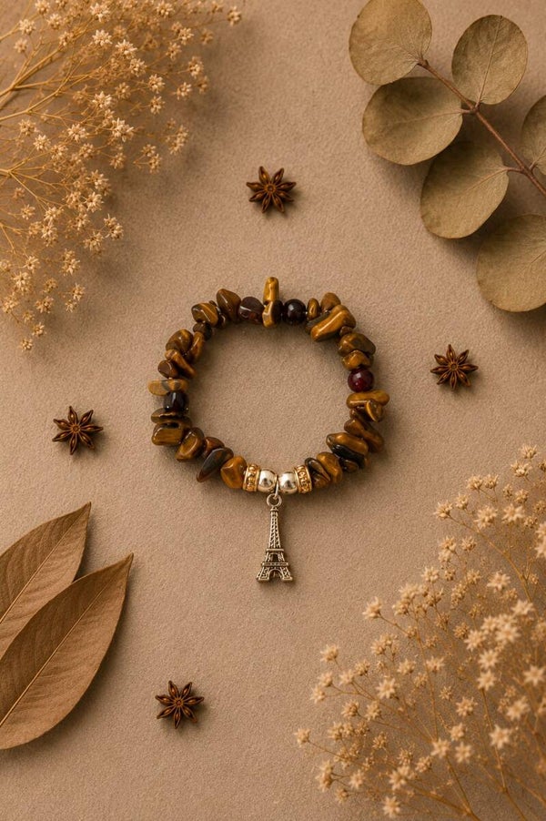 pulsera torre Eiffel con ojo de tigre y amatista