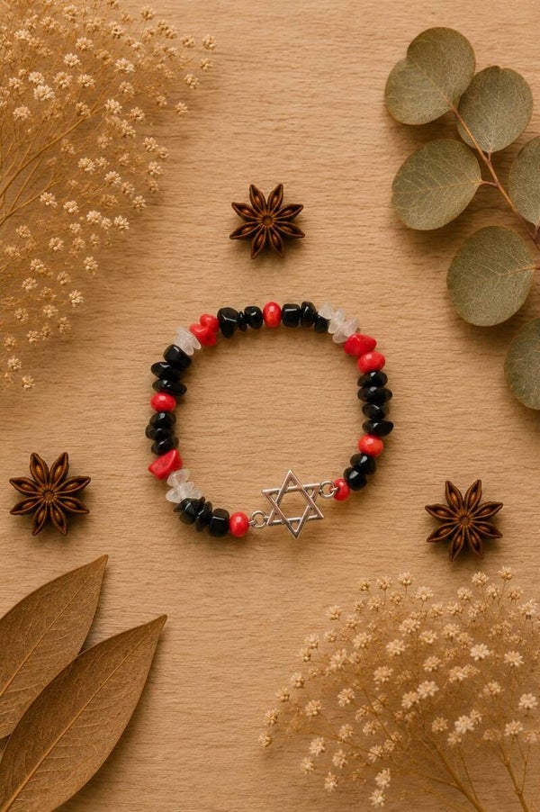 Pulsera ónix, coral y fluorita con símbolo estrella de David