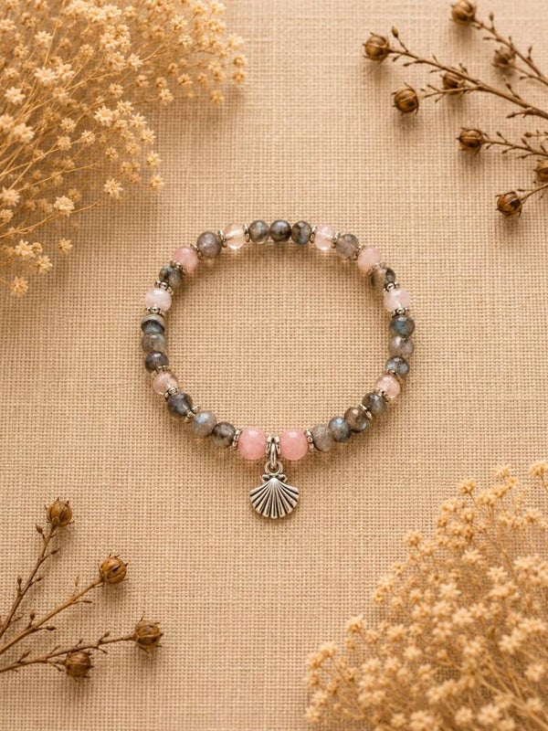 pulsera concha con rodonita y agata rosa