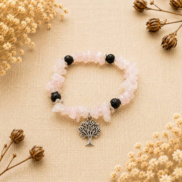 pulsera árbol de la abundancia con cuarzo rosa y onix