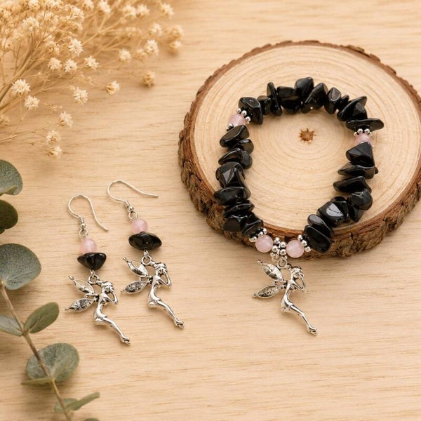 Conjunto hada con cuarzo ahumado y ojo de gato rosa (pendientes en plat