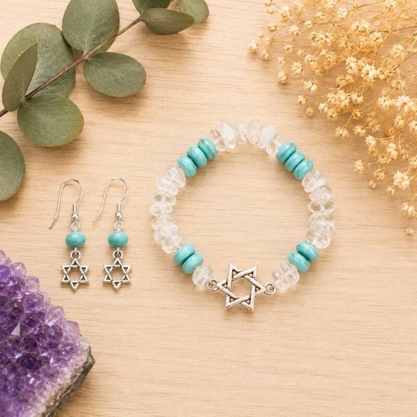 Conjunto estrella de david con turquesa y cuarzo cristal (pendientes en plata)