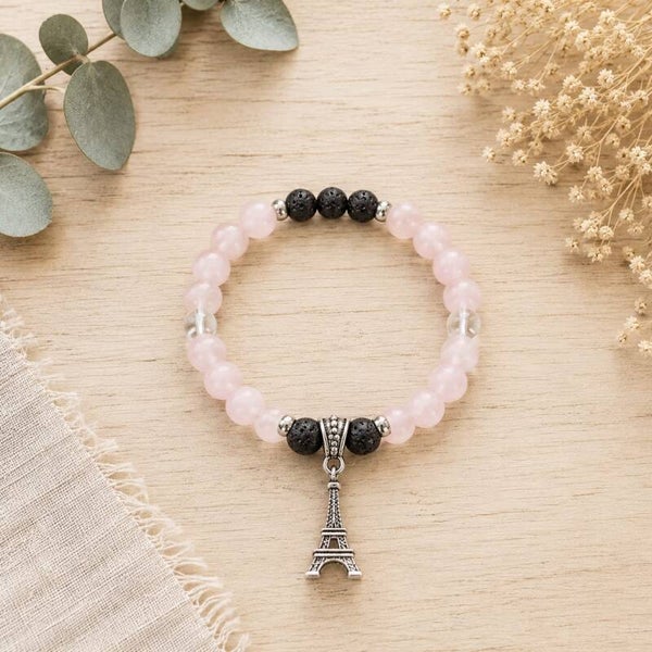 Pulsera de cuarzo rosa y piedras volcánicas