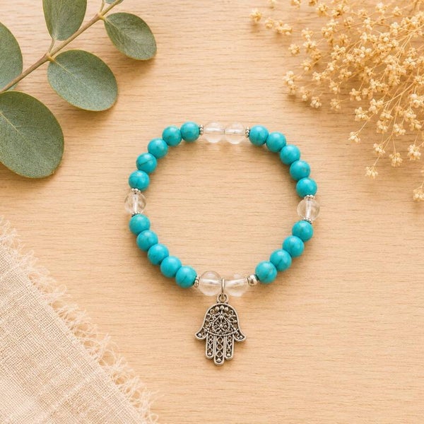 pulsera mano de Fátima con turquesa y cuarzo cristal