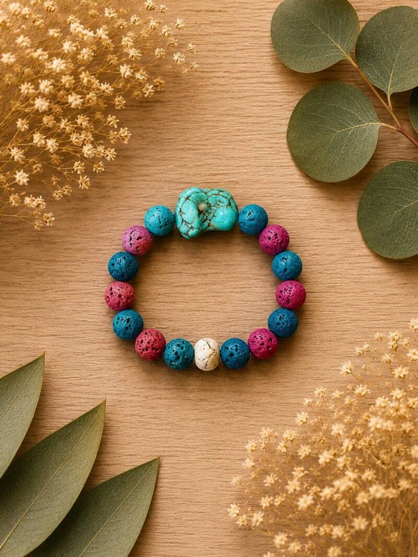 pulsera de piedras volcánicas con turquesa y howlita Mod 1