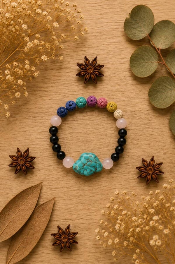 Pulsera turquesa con piedra volcánica cuarzo rosa y ónix
