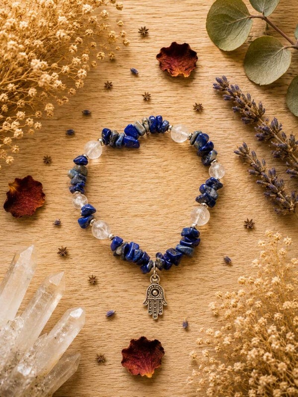 pulsera de lapislázuli y cuarzo cristal con la mano de Fátima