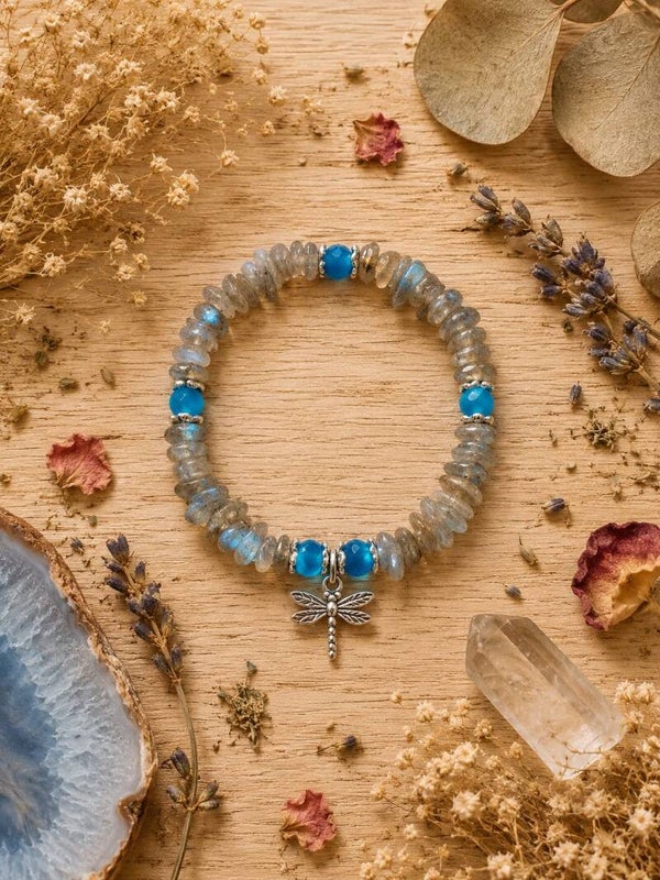 pulsera libélula con labradorita y ágata azul