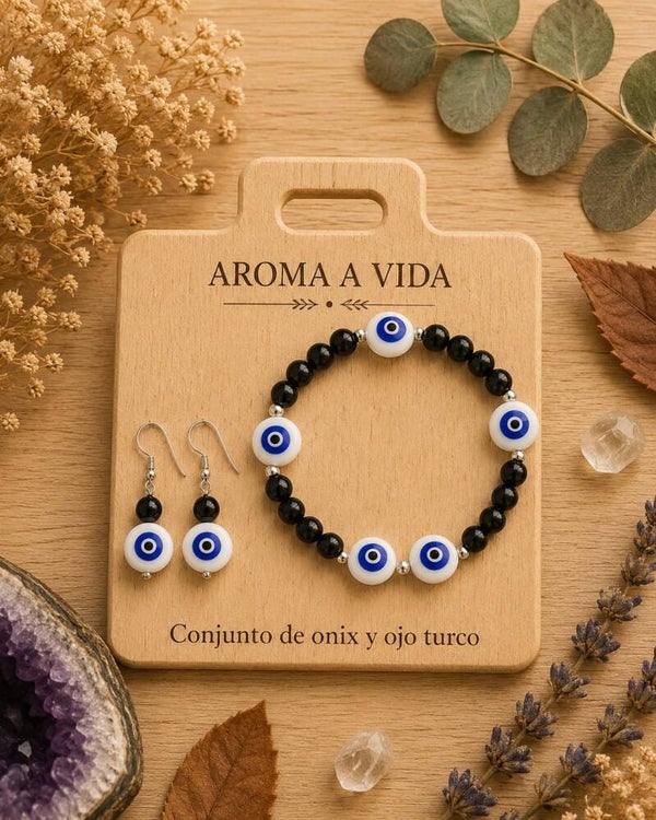 Conjunto de onix y ojo turco (pendientes en plata)