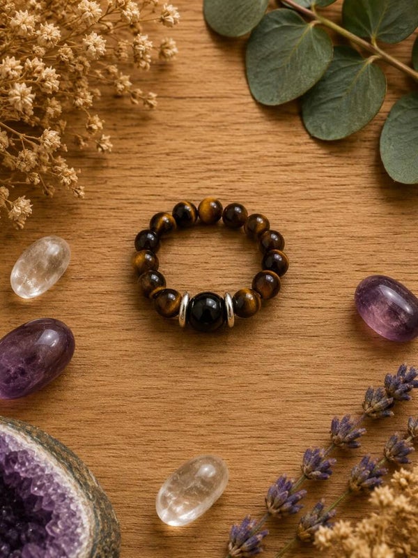 Anillo ajustable de ojo de tigre y onix