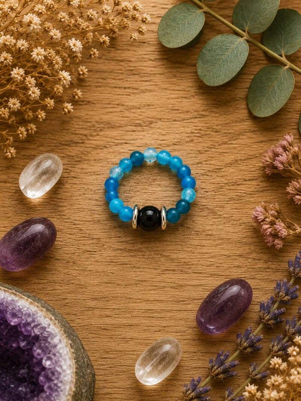 Anillo ajustable de agata azul y onix