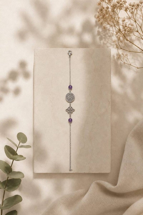 Pulsera de Acero Doble Protección con Amatista, Nudo de Brujas y Pentagrama