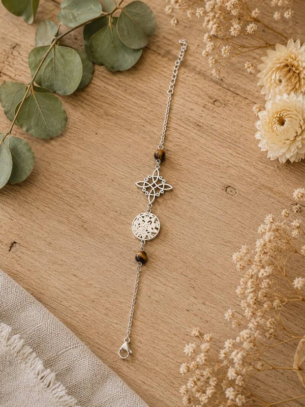Pulsera de Acero Doble Protección con Ojo de Tigre, Nudo de Brujas y Pentagrama