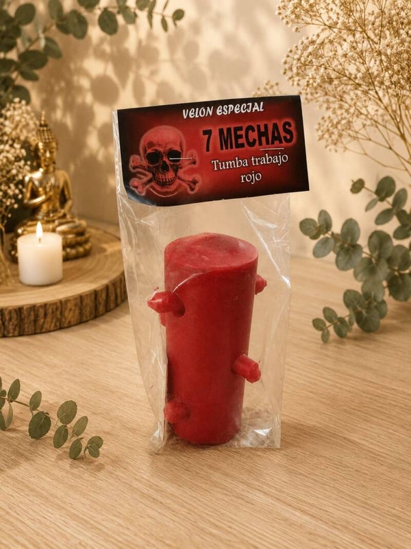 Velón Rojo de 7 Mechas – Fuerza, Pasión y Desbloqueo