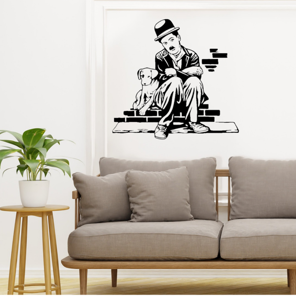 Charlie Chaplin Wand Sticker Mat Zwart