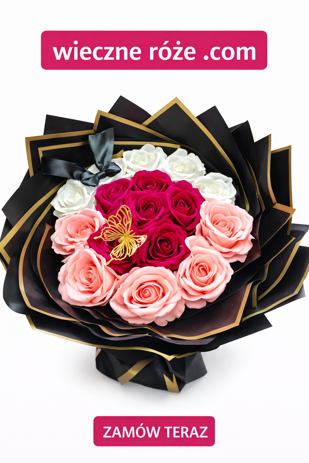 Bukiet Pink & White & Red” „realistyczne bukiety premium (welurowe)”