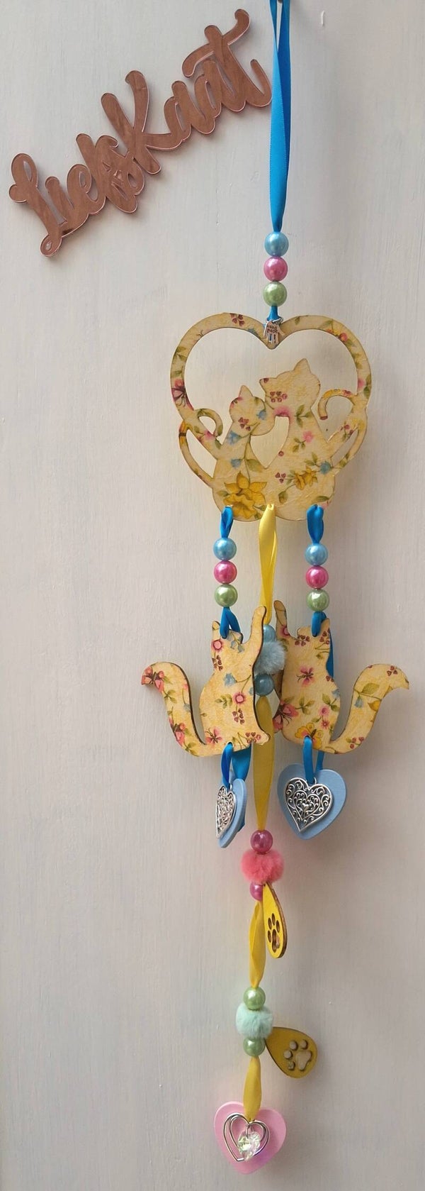 Handgemaakte Windvanger Kat Yellow & Blue