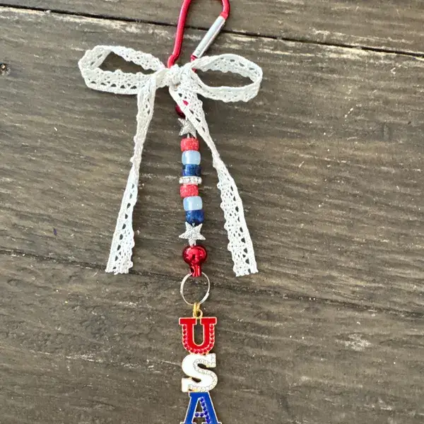 Handmade USA Beaded Keychain, Patriotic Ribbon Bow Charm, Red White Blue Summer Accessory