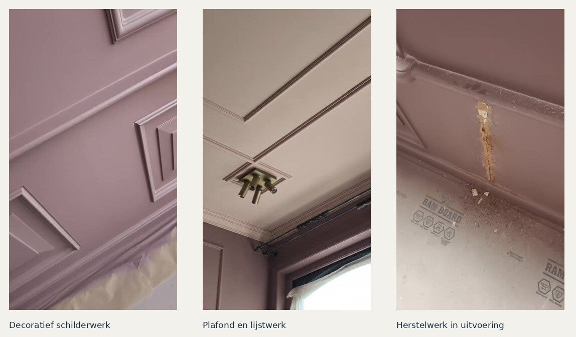 Decoratief schilderwerk, plafondlijsten en herstelwerk aan de Keizersgracht tijdens de werkzaamheden.