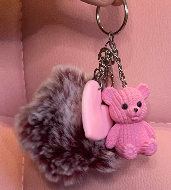 8051Sleutelhanger pompom Roos/ Bordeaux hartje