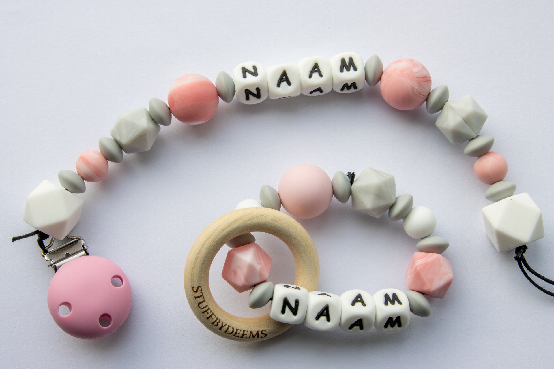 Gepersonaliseerd speenkoord & bijtring - roze/grijs/wit