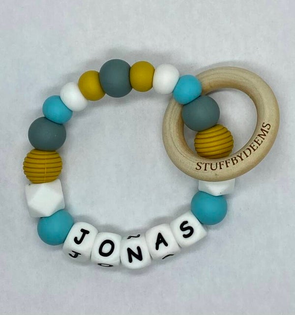 Gepersonaliseerde bijtring - blauw/wit/grijs/geel