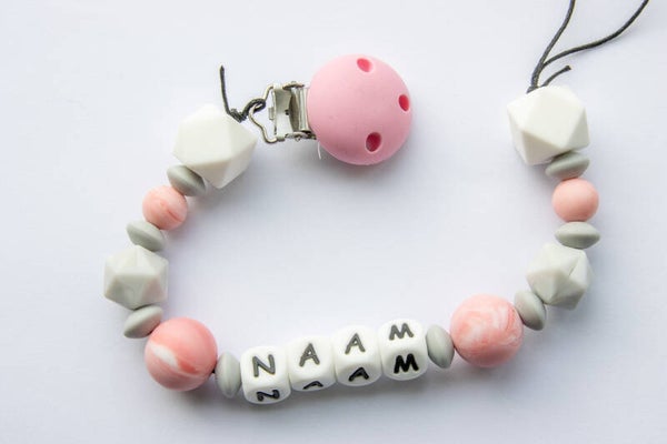 Gepersonaliseerd speenkoord - Marble roze/grijs