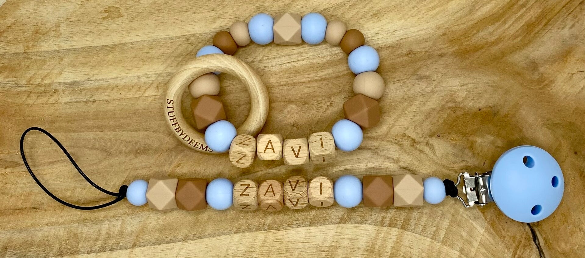 Gepersonalisserd speenkoord en bijtring - blauw/bruin