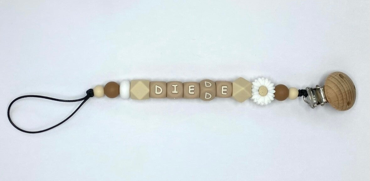 Gepersonaliseerd speenkoord - creme/bruin bloem
