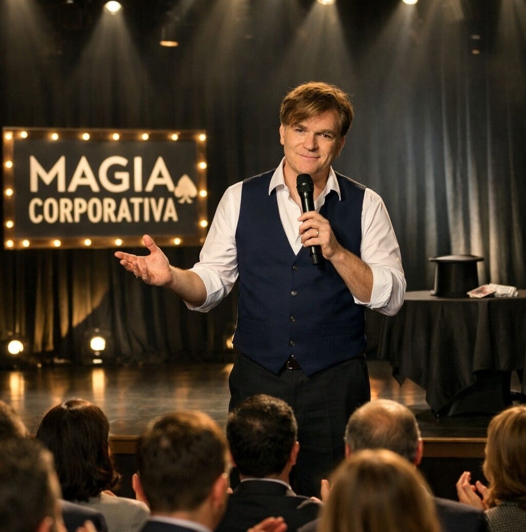un mago presenta un evento de empresa. parece divertido 