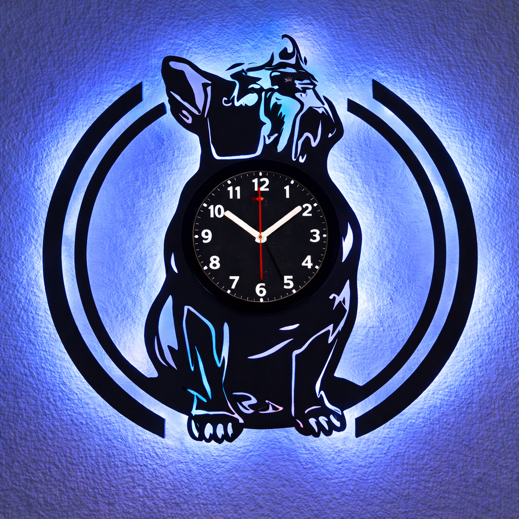 Vinyl Wanduhr - Schallplatte - Bulldogge- Hintergrundbeleuchtet- leises Uhrwerkt Quartz Uhrwerk
