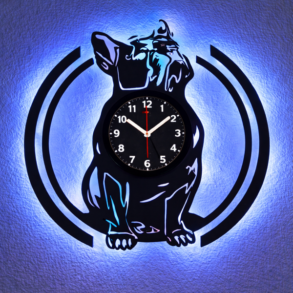 Vinyl Wanduhr - Schallplatte - Bulldogge- Hintergrundbeleuchtet- leises Uhrwerkt Quartz Uhrwerk