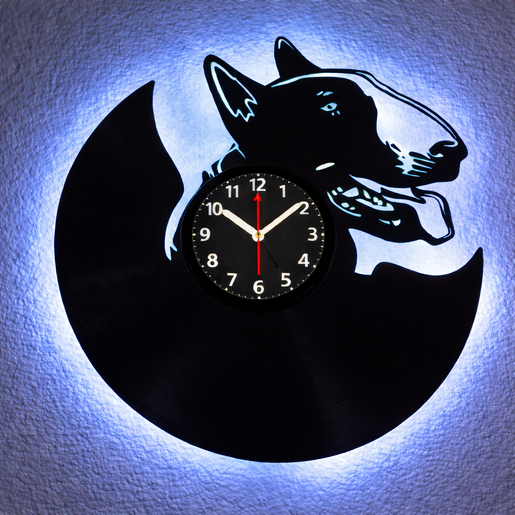 Wanduhr aus Schallplatte, Motiv "Bullterrier", Vinyl Uhr, beleuchtet, Silent Quartz Uhrwerk