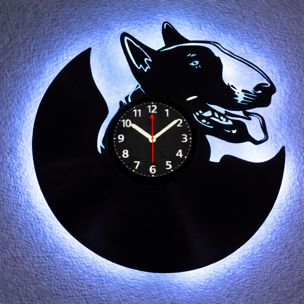 Wanduhr aus Schallplatte, Motiv "Bullterrier", Vinyl Uhr, beleuchtet, Silent Quartz Uhrwerk