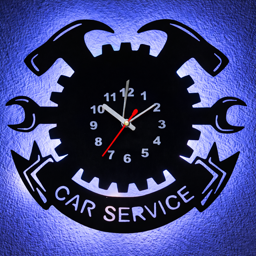 Vinyl Wanduhr - Schallplatte - Car Service - Hintergrundbeleuchtet- leises Uhrwerkt Quartz Uhrwerk